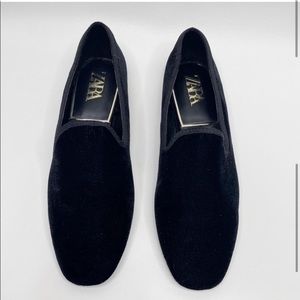 Zara black velvet low heel slipper shoe